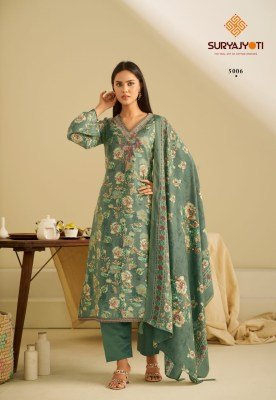 Suryajyoti Kora Vol 5 Pure Modal Unstitched Dress Material  Discharge Print with Foil And Fancy Neck Work Top Dyed Bottom And Discharge Print Dupatta  dress material catalogs