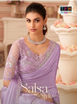 TFH Salsa Style Hits SLS-8004 Silver Chiffon Shimmer Saree with Banglori Work Blouse 