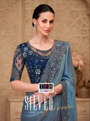 TFH Silver Screen-22 SS-32007 Metal Blue Satin Crush Georgette Saree with Tussar Silk Blouse 