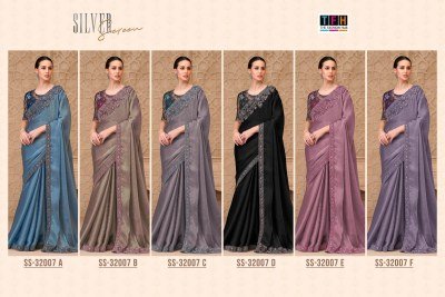 TFH Silver Screen-22 SS-32007 Metal Blue Satin Crush Georgette Saree with Tussar Silk Blouse sarees catalogs