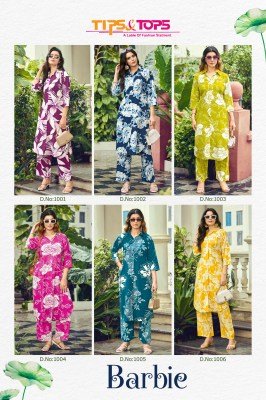TIPS And TOPS Barbie Heavy Rayon Printed Collar Pocket Top with Matching Bottom Set Wholesale kurtis catalogs