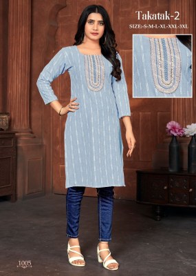 Takatak 2 slub cotton booti neck sequence work kurti catalogue at wholesale price kurtis catalogs