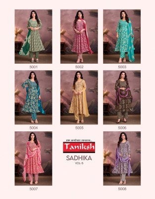 Taniksh Sadhika Vol 5 Designer Anarkali Sikvans Embroidery  Rayon Print And Chiffon Dupatta Wholesale kurtis catalogs