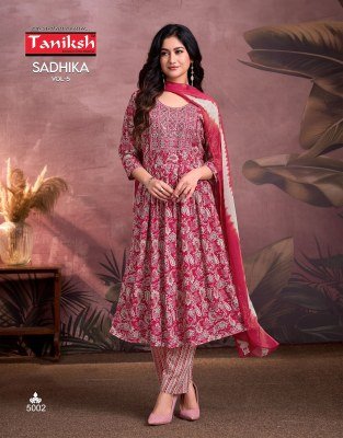 Taniksh Sadhika Vol 5 Designer Anarkali Sikvans Embroidery  Rayon Print And Chiffon Dupatta Wholesale kurtis catalogs