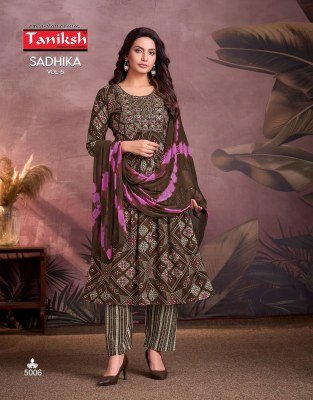 Taniksh Sadhika Vol 5 Designer Anarkali Sikvans Embroidery  Rayon Print And Chiffon Dupatta Wholesale kurtis catalogs