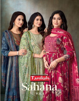 Taniksh Sahana Vol 1 Muslin Nyra Cut Kurti Set Readymade Suit with Embroidery And Digital Dupatta Wholesale Taniksh