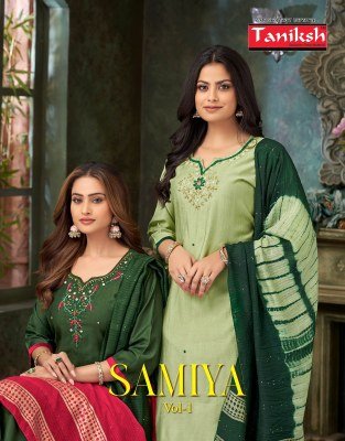 Taniksh Samiya Vol 1 Vertican Fabric Handwork Top, Vertican Pant And Fancy Chanderi Dupatta Set Wholesale Taniksh