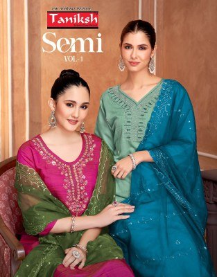 Taniksh Semi Vol 1 Readymade Set Vertican Simmer Top with Handwork Vertican Pant Pure Cotton Lining And Organza Work Dupatta Wholesale Taniksh