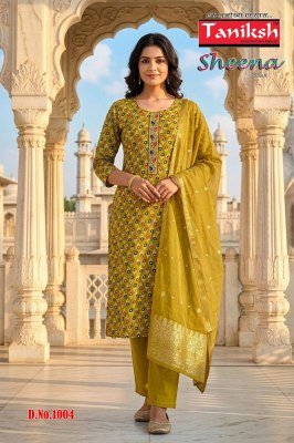 Taniksh Sheena Vol 2 Rayon Foil Kurti Pant Set with Jacquard Banarasi Dupatta  M   3XL  readymade suit catalogs