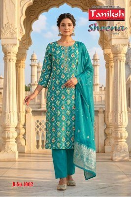 Taniksh Sheena Vol 2 Rayon Foil Kurti Pant Set with Jacquard Banarasi Dupatta  M   3XL  readymade suit catalogs