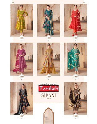 Taniksh Sibani Vol 11 Rayon Print Anarkali Ghera Style Kurti Pant with Fancy Sequins Dupatta fancy Anarkali suit catalogs