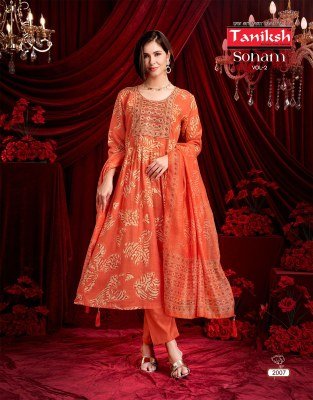 Taniksh Sonam Vol 2 Readymade Anarkali Set Vertical Discharge Print with Embroidery And Digital Dupatta Wholesale readymade suit catalogs