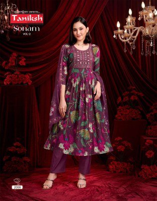 Taniksh Sonam Vol 2 Readymade Anarkali Set Vertical Discharge Print with Embroidery And Digital Dupatta Wholesale readymade suit catalogs
