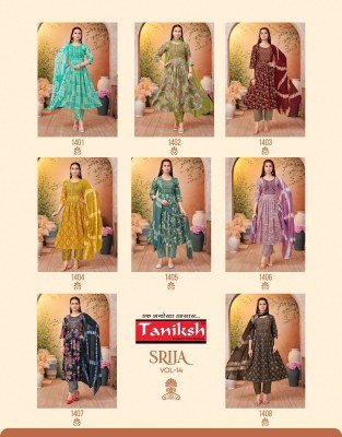 Taniksh Srija Vol 14 Anarkali Capsule Print Salwar Suit with Embroidery Print Pant and Nazmin Dupatta Wholesale kurtis catalogs