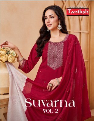 Taniksh Suvarna Vol 2 Designer Roman Embroidery Top  Roman Pant And Chanderi Work Dupatta Set Wholesale Taniksh