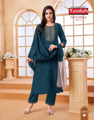 Taniksh Suvarna Vol 2 Designer Roman Embroidery Top  Roman Pant And Chanderi Work Dupatta Set Wholesale kurtis catalogs