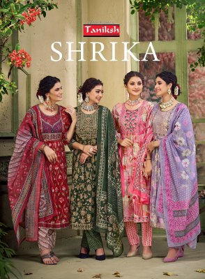 Taniksh luanch Shrika vol3 maslin print nyra cut kurti pant and dupatta catalogue at low rate fancy Anarkali suit catalogs