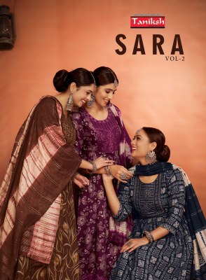 Taniksh present Sara vol 2 rayon printed sequence embroidered work kurti pant and dupatta catalogue Amavi