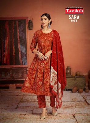 Taniksh present Sara vol 2 rayon printed sequence embroidered work kurti pant and dupatta catalogue readymade suit catalogs