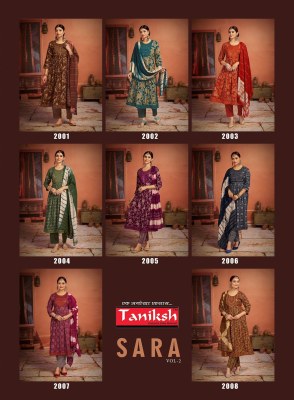 Taniksh present Sara vol 2 rayon printed sequence embroidered work kurti pant and dupatta catalogue readymade suit catalogs