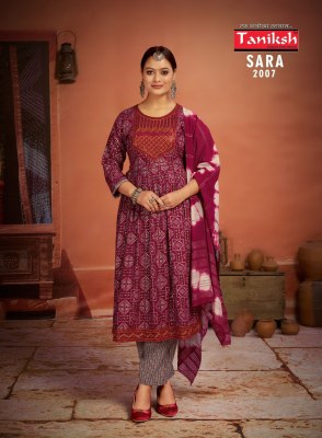 Taniksh present Sara vol 2 rayon printed sequence embroidered work kurti pant and dupatta catalogue readymade suit catalogs