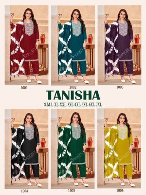 Tanisha reyon fancy kurti pant with neck work and printed dupatta readymade suit catalogs