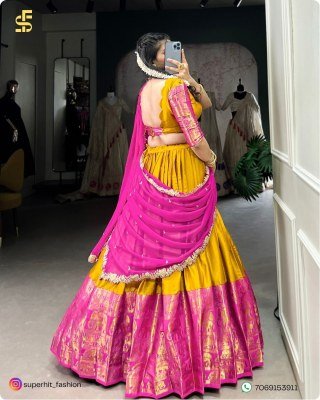 Tarika South Indian Grace Premium Narayan Pattu Exquisite Zari Weaving And Georgette Dupatta 2023 Yellow Colour Lehengha Choli Wholesale lehenga choli