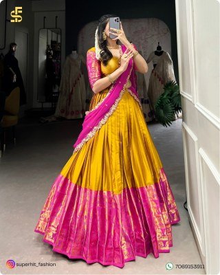 Tarika South Indian Grace Premium Narayan Pattu Exquisite Zari Weaving And Georgette Dupatta 2023 Yellow Colour Lehengha Choli Wholesale lehenga choli