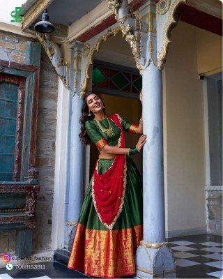 Tarika South Indian Grace Premium Narayan Pattu Exquisite Zari Weaving And Georgette Dupatta 2023 Green Colour Lehengha Choli Wholesale lehenga choli
