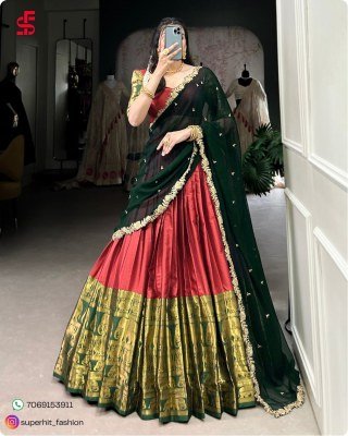Tarika South Indian Grace Premium Narayan Pattu Exquisite Zari Weaving And Georgette Dupatta 2023 Red Colour Lehengha Choli Wholesale lehenga choli