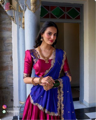 Tarika South Indian Grace Premium Narayan Pattu Exquisite Zari Weaving And Georgette Dupatta 2023 Pink  Colour Lehengha Choli Wholesale lehenga choli