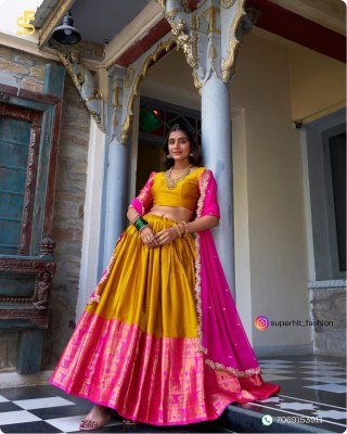 Tarika South Indian Grace Premium Narayan Pattu Exquisite Zari Weaving And Georgette Dupatta 2023 Yellow Colour Lehengha Choli Wholesale lehenga choli