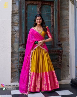 Tarika South Indian Grace Premium Narayan Pattu Exquisite Zari Weaving And Georgette Dupatta 2023 Yellow Colour Lehengha Choli Wholesale lehenga choli