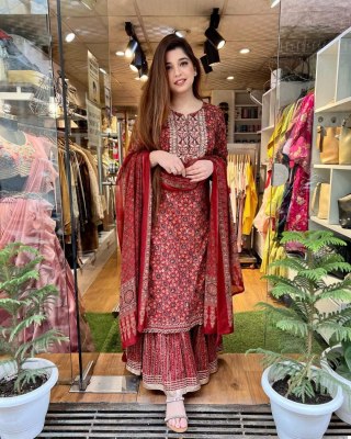 The three piece sharara set features an Embroidery Neck Design kurta  a flared sharara and intricately embroidered  Semi dupatta kurtis