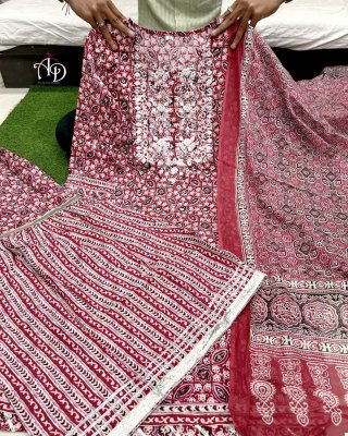 The three piece sharara set features an Embroidery Neck Design kurta  a flared sharara and intricately embroidered  Semi dupatta kurtis