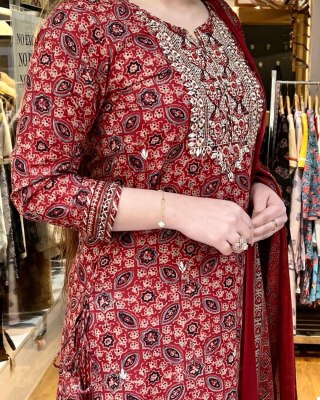 The three piece sharara set features an Embroidery Neck Design kurta  a flared sharara and intricately embroidered  Semi dupatta kurtis