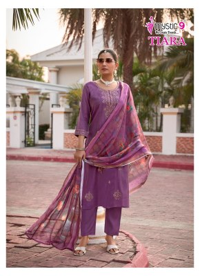 Tiara vol 1 by Mystic 9 Premium quality shimmer embroidered top bottom and dupatta catalogue at affordable rate readymade suit catalogs