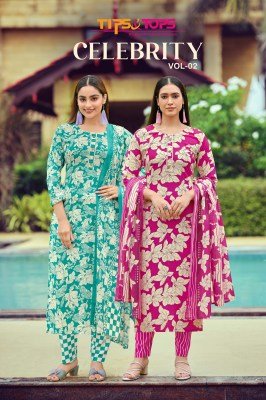 Tips And Tops Celebrity Vol 02 Premium Rayon Print Suit Pant  with Cotton Mal Dupatta Wholesale kurtis catalogs