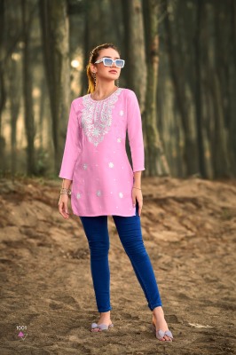 Tips And Tops Colour Vol 6 Embroidered Fancy Short Tops in Heavy Reyon Slub Wholesale kurtis catalogs
