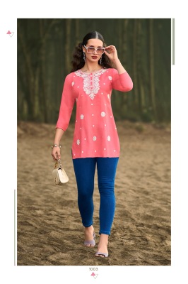 Tips And Tops Colour Vol 6 Embroidered Fancy Short Tops in Heavy Reyon Slub Wholesale kurtis catalogs