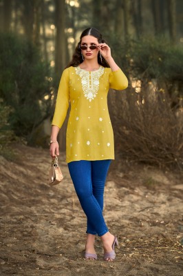 Tips And Tops Colour Vol 6 Embroidered Fancy Short Tops in Heavy Reyon Slub Wholesale kurtis catalogs