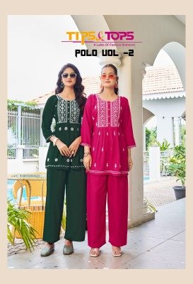 Tips And Tops Polo Vol 02 Fancy Co ord Set  Heavy Rayon Slub Embroidered Top and Bottom Wholesale co ord set catalogs