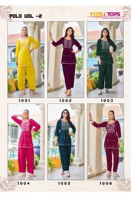 Tips And Tops Polo Vol 02 Fancy Co ord Set  Heavy Rayon Slub Embroidered Top and Bottom Wholesale co ord set catalogs