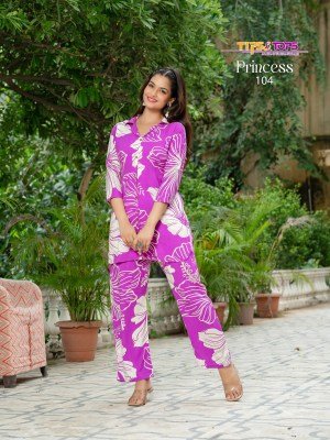 Tips And Tops Princess Co-ord Set  Elegant Heavy Rayon Print Shirt And Pant Combo with Pockets Wholesale co ord set catalogs
