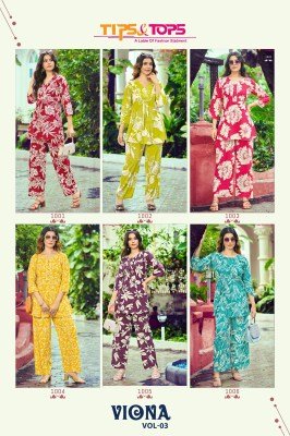 Tips And Tops Viona Vol 03  Elegant Heavy Rayon Printed Co ord Set with Lace And Stitch Work Wholesale co ord set catalogs