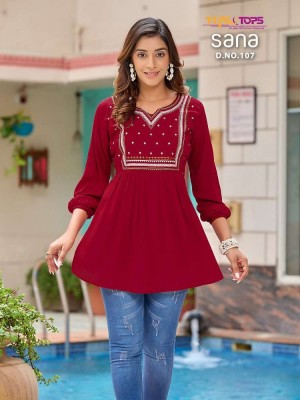 Tips and tops Sana Embroidery work short top collection  kurtis catalogs