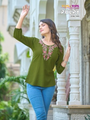 Tips and tops by Pulpy vol 14 heavy reyon neck embroidered short top catalogue at low rate western wear catalogs