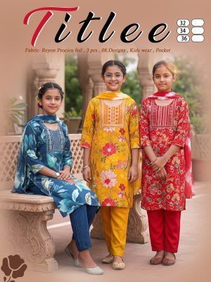 Titlee Kids 3 Piece Kurti Pant Dupatta Set Rayon Persian Foil Print wholesale catalogs
