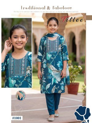 Titlee Kids 3 Piece Kurti Pant Dupatta Set Rayon Persian Foil Print kurti pant with dupatta Catalogs
