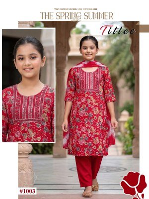 Titlee Kids 3 Piece Kurti Pant Dupatta Set Rayon Persian Foil Print kurti pant with dupatta Catalogs